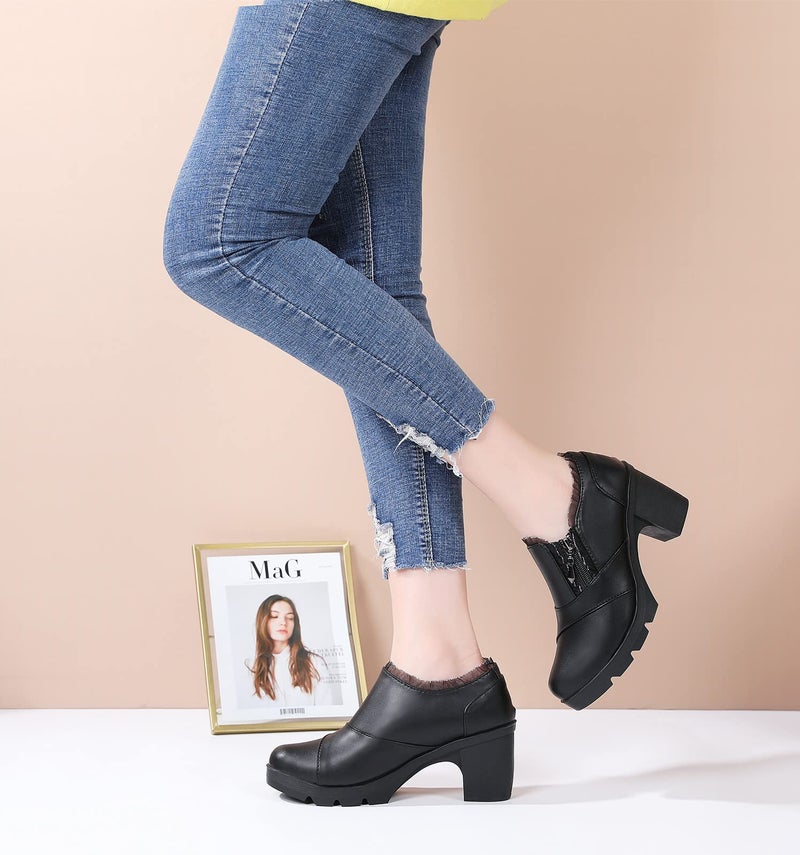 DADAWEN Women's Casual Zipper Lace Platform Mid-Heel Square Toe Oxfords Dress Shoes Black US Size 9 - Image 2